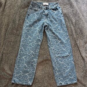 Blue Straight-Leg Floral Embroidered Print Pants